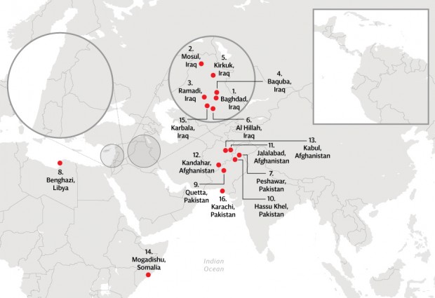 Mapa com cidades sob maior risco de atentados. Clique para ampliar.