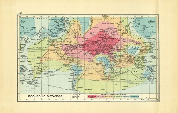 Mapa mostra duração de viagens em 1904, a partir de Londres. Clique para ampliar.