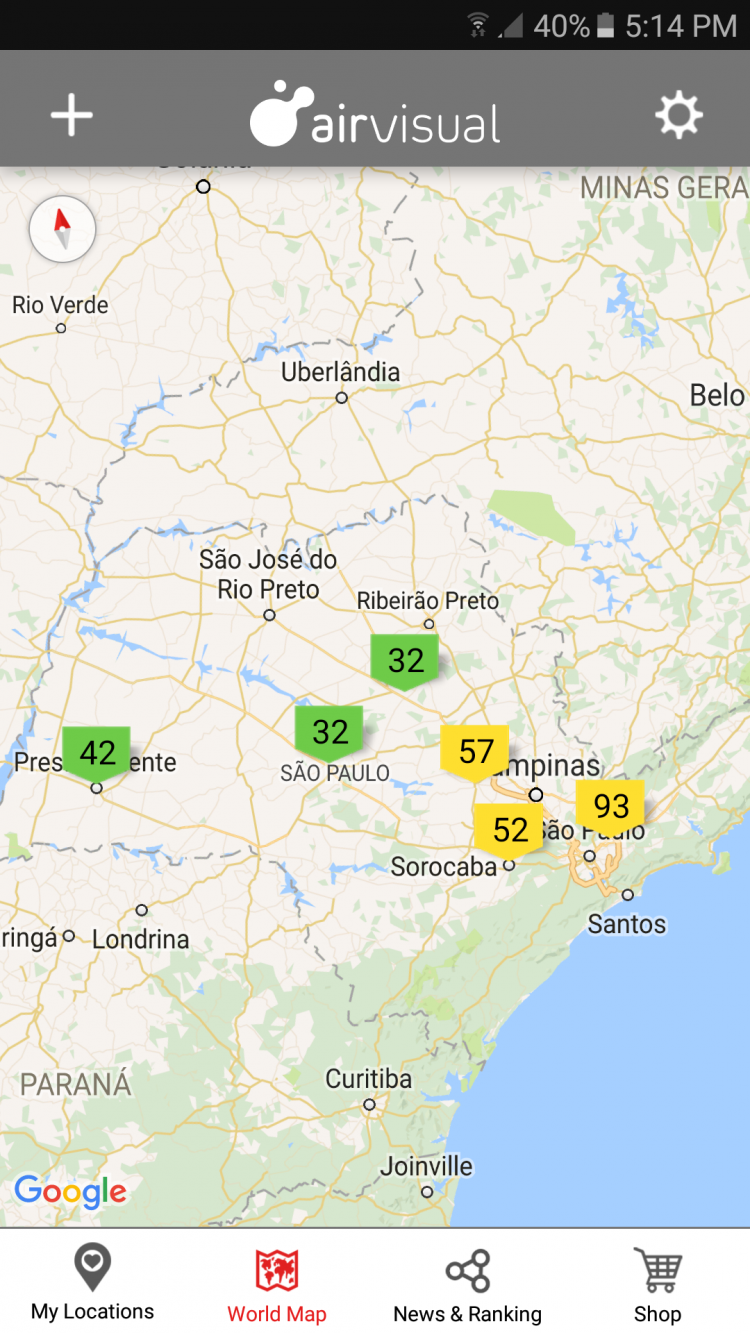 Índice de qualidade do ar na região do Estado de São Paulo. Crédito Reprodução/AirVisual